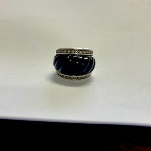 David Yurman Carved Onyx Ring Diamond Domed Sculpted Wide Band Sterling Silver